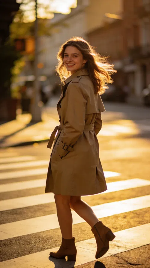 White woman walking in city golden-hour Instagram photoshoot