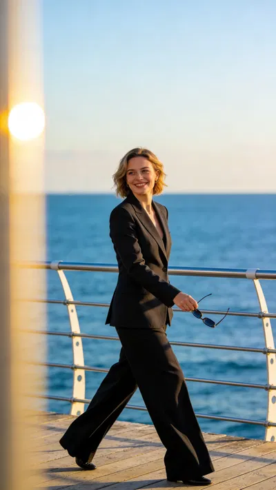 White woman walking on seaside boardwalk in chic blazer with editorial glamour vibe