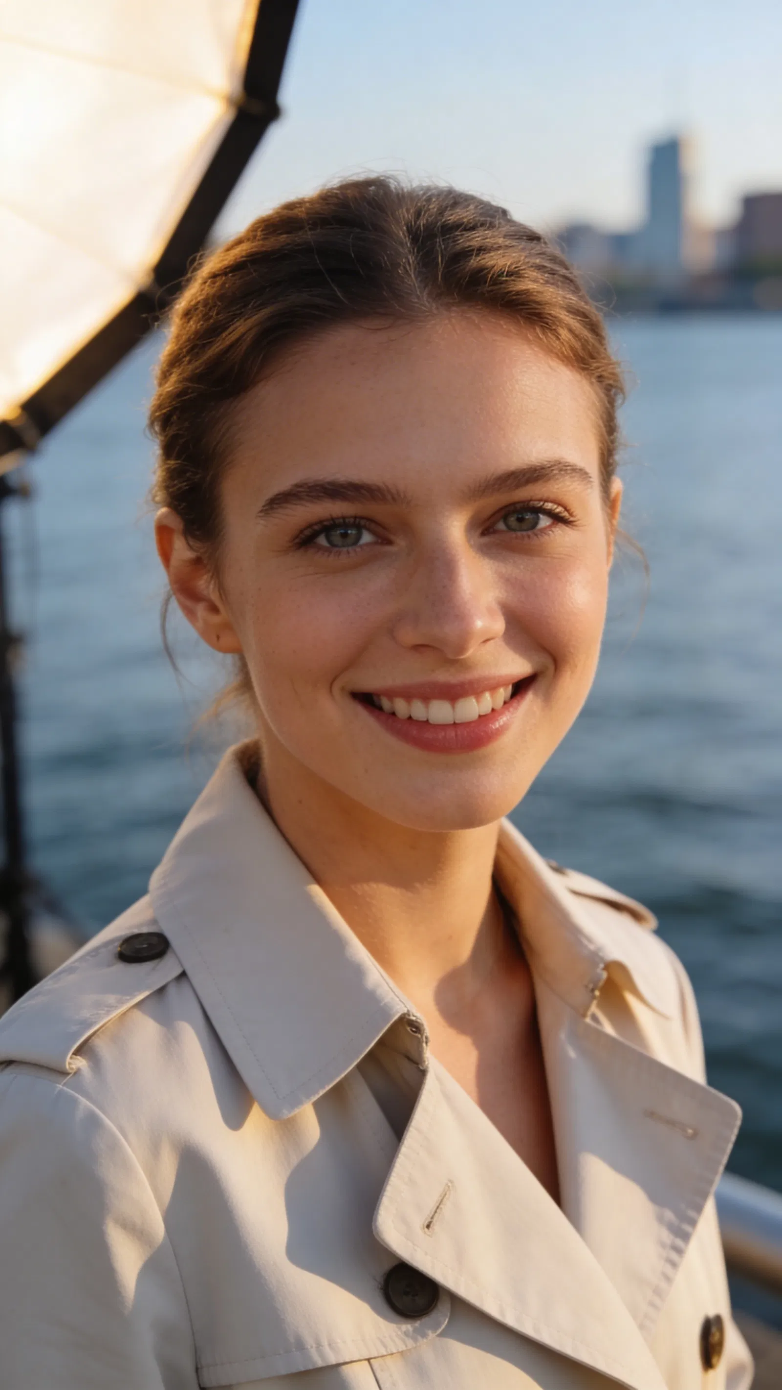 White woman waterfront headshot with clean natural light and friendly smile