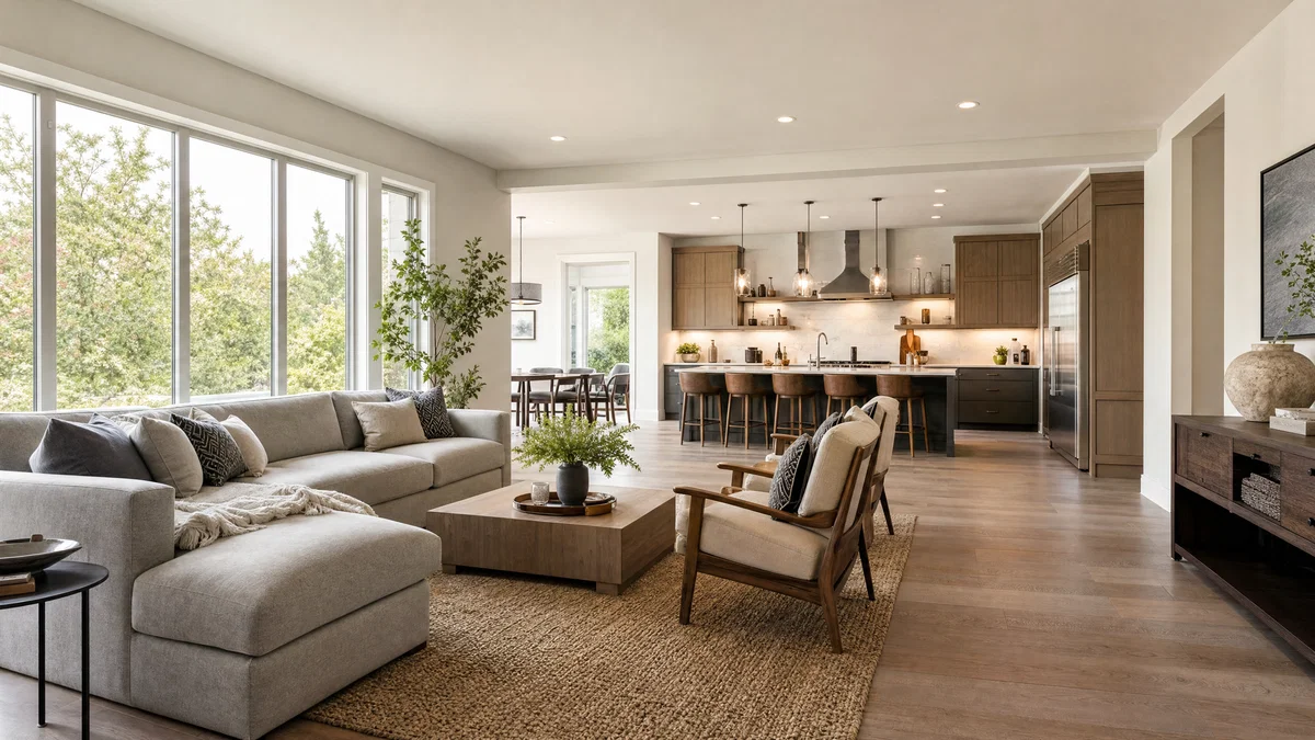 Wide-angle staged living room and kitchen with window daylight and straight vertical lines.
