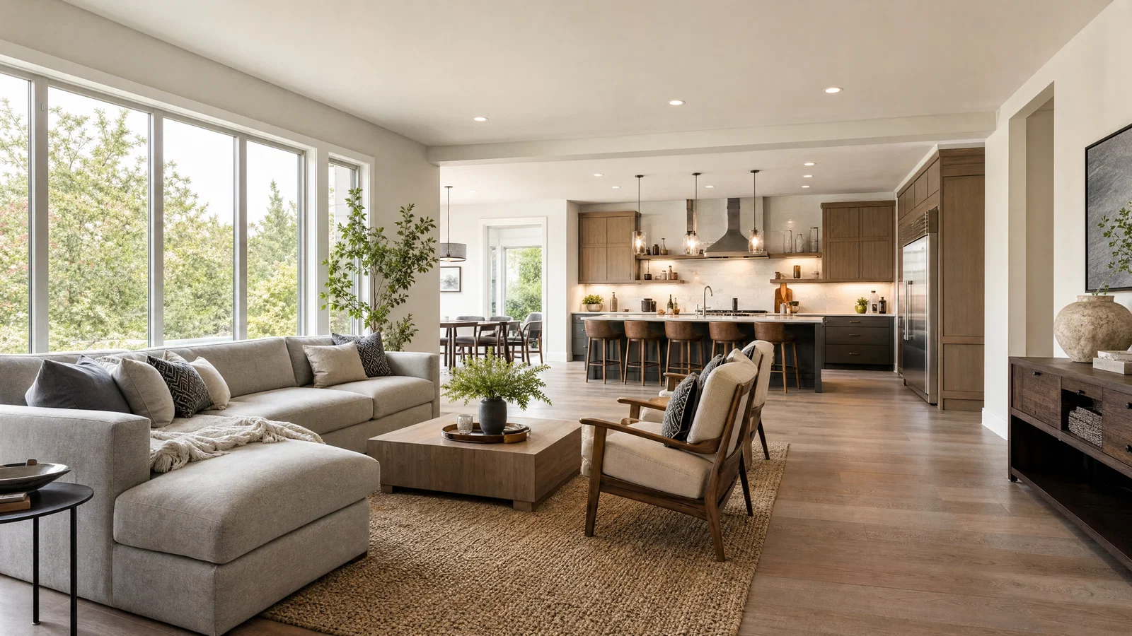Wide-angle staged living room and kitchen with window daylight and straight vertical lines.