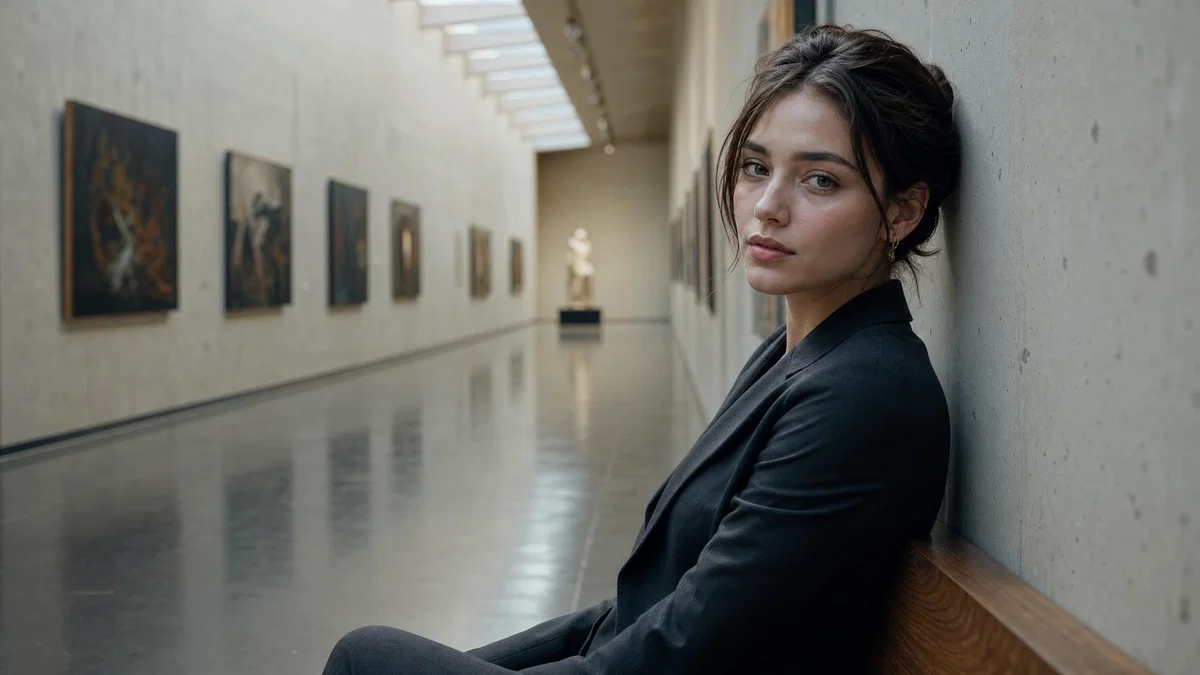 Wide editorial portrait of an adult woman in a blazer under soft skylight.