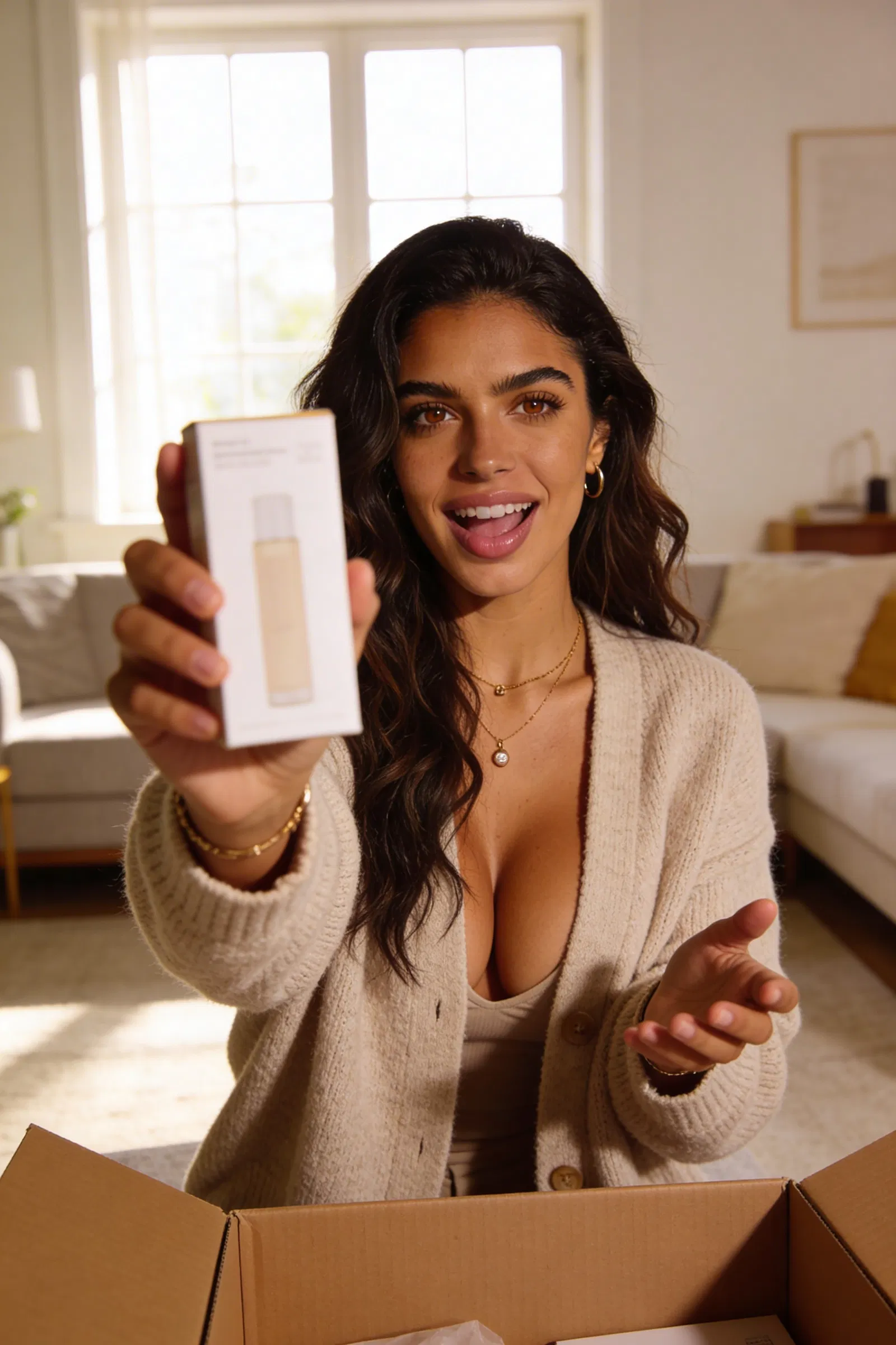 Woman filming a UGC-style unboxing sponsored Reel in a tidy living room
