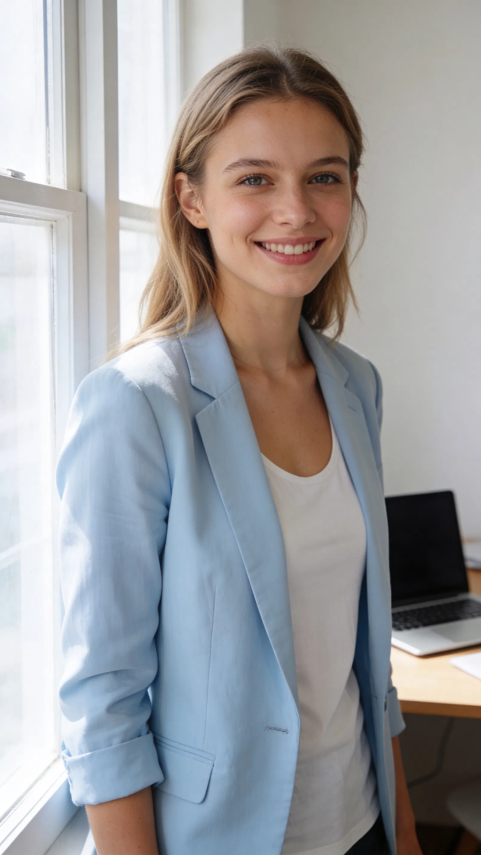 Woman in home office creating a natural LinkedIn headshot look