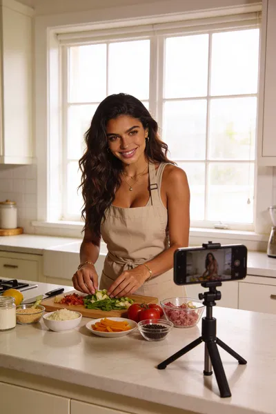 Woman setting up ingredients to film a quick recipe Reel with tripod