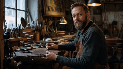 Workshop environmental portrait with mixed tungsten and daylight and visible tool detail.