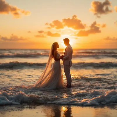 AI-designed beach wedding at sunset