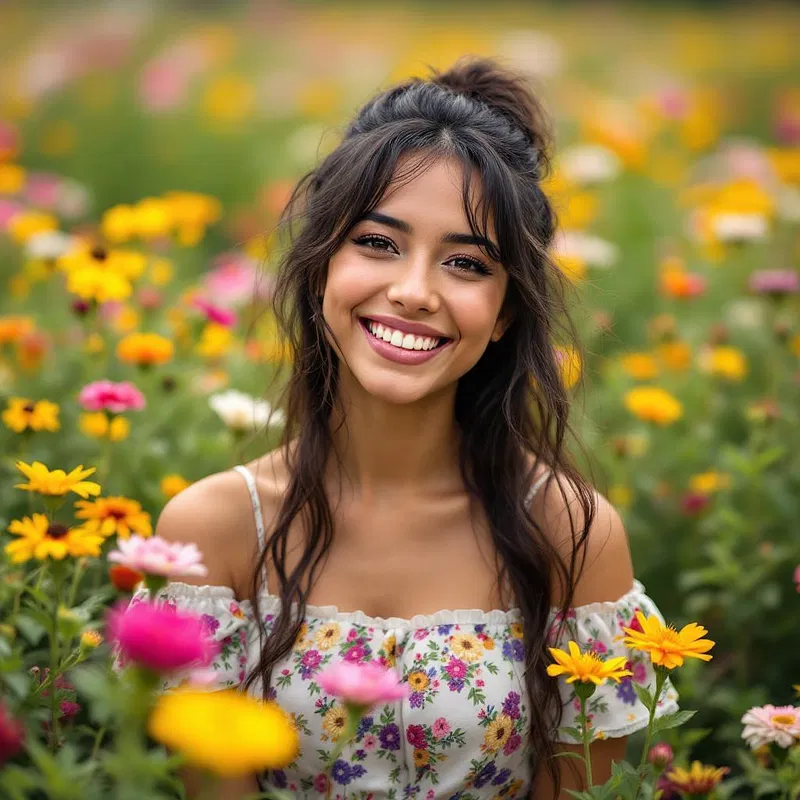 Smiling South American woman with a field of flowers