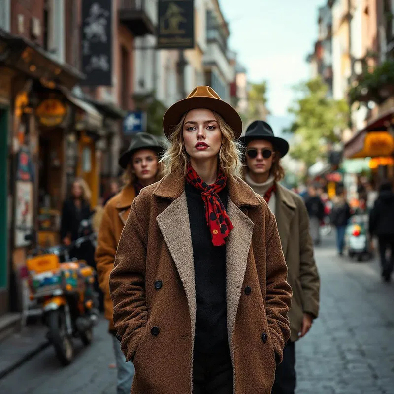 AI-created street style image of urban alley with fashion-forward individuals