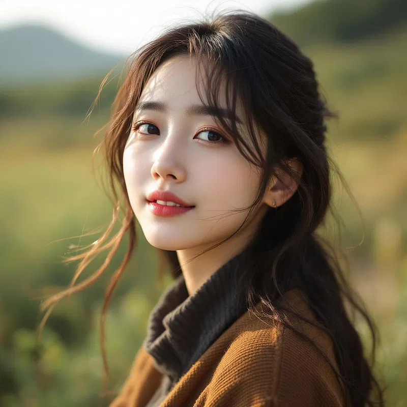 Serene Korean portrait with countryside view