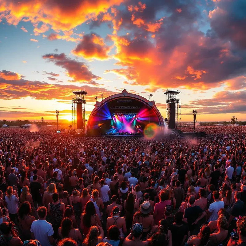 Sunset view of a music festival crowd