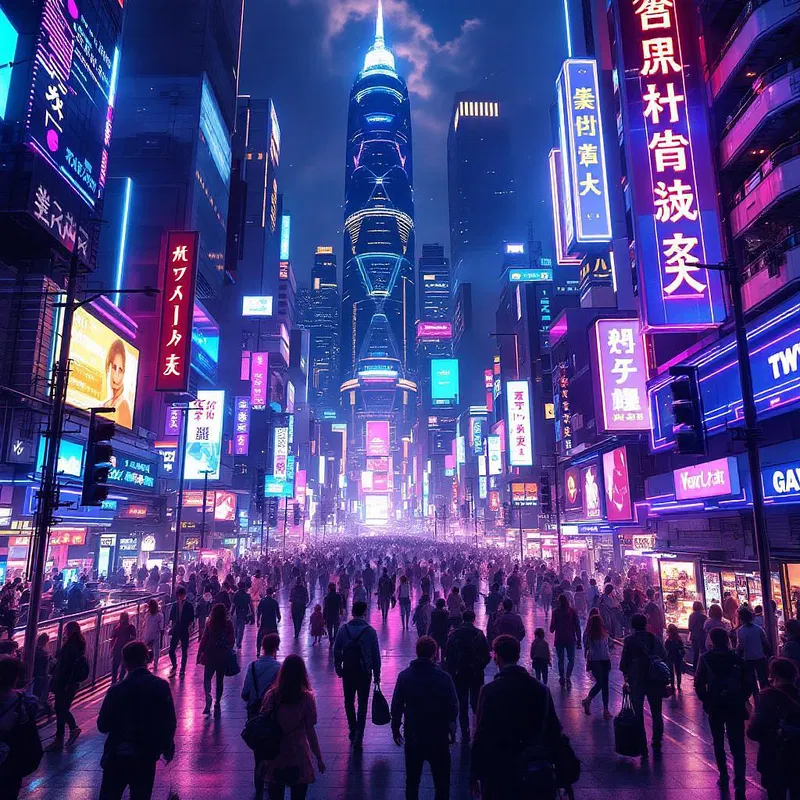 3D rendering of bustling futuristic urban street