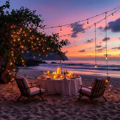 Romantic evening birthday party by the beach