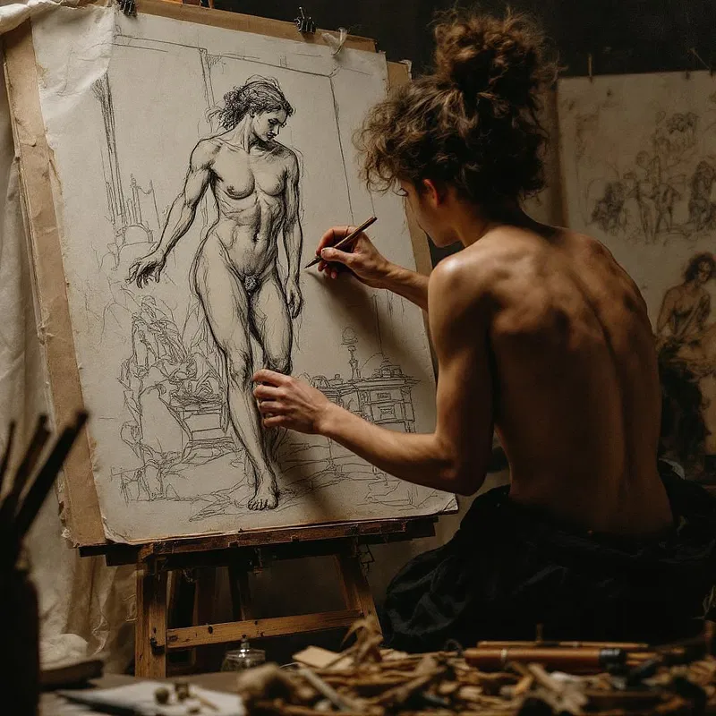 Young Renaissance artist drawing a nude