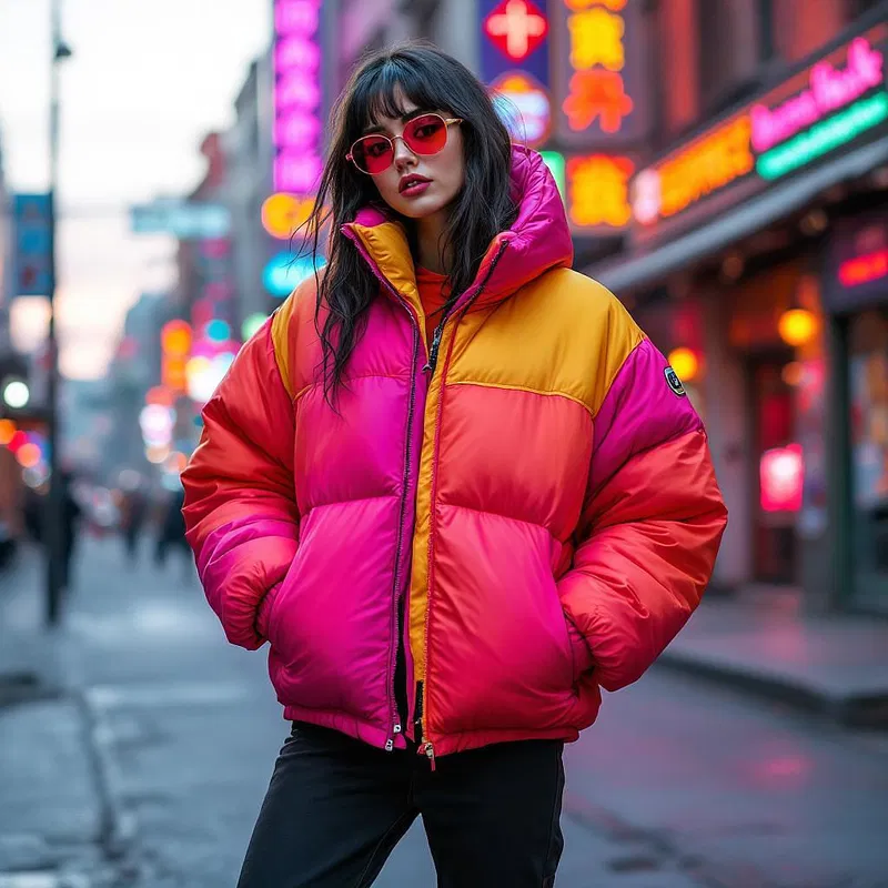 Retro-inspired puffer jacket with vibrant colors