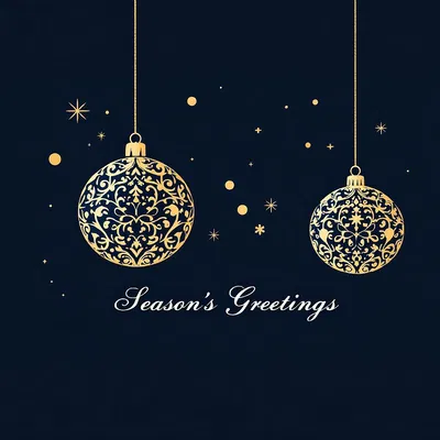 Elegant Christmas card with golden ornaments on dark blue.