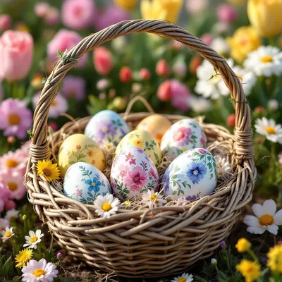 Easter basket filled with painted eggs