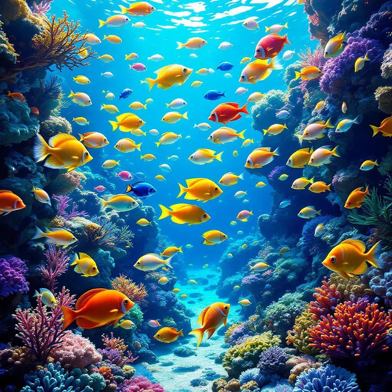 Colorful fish swimming around AI coral reef