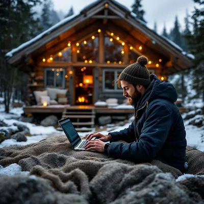 Digital nomad in a mountain cabin with a laptop