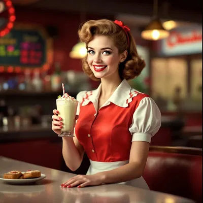 Smiling waitress in a 1950s diner uniform serving a milkshake