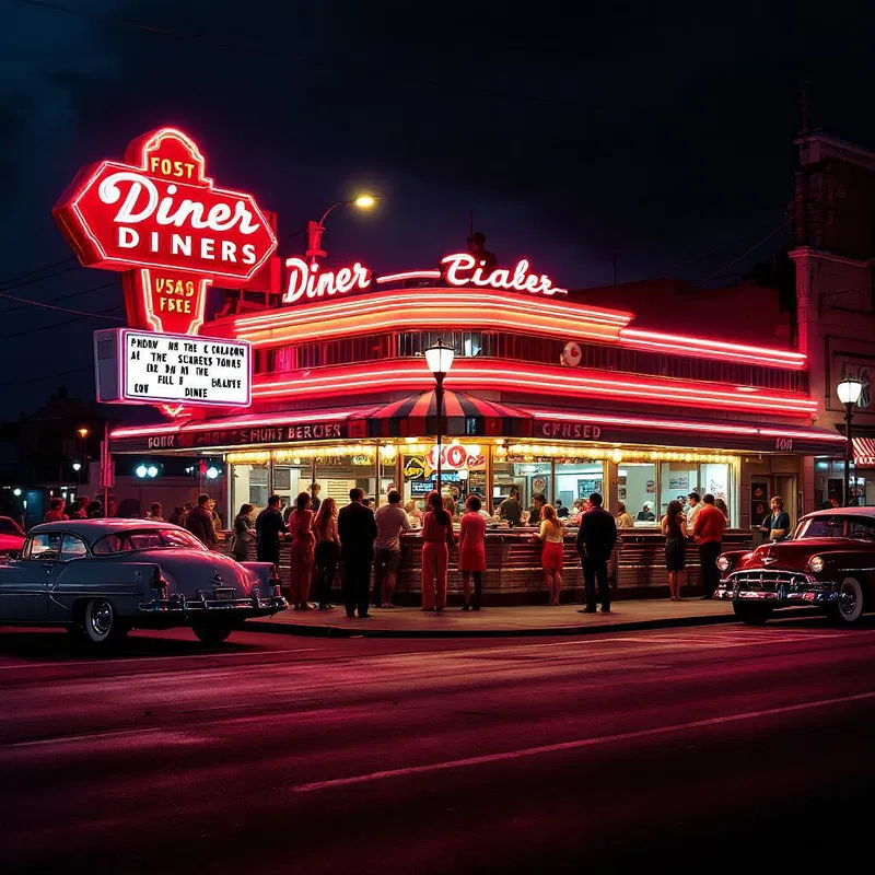 Street view of a 1950s diner vibrant at night