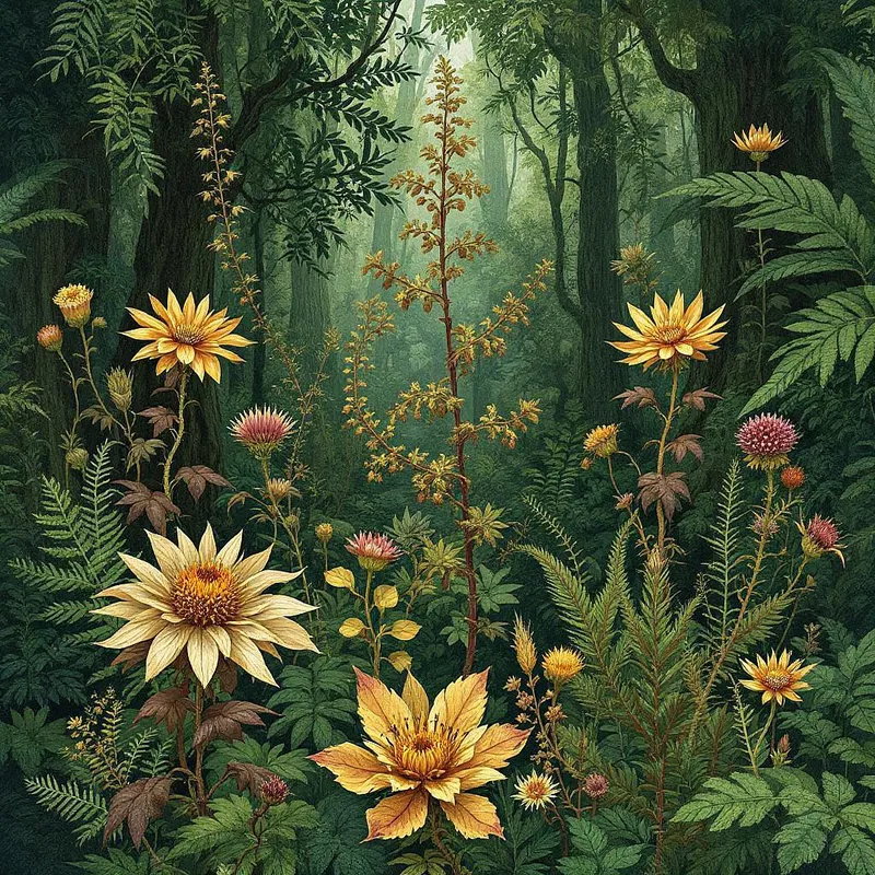 Illustration of rare plants in ancient forests