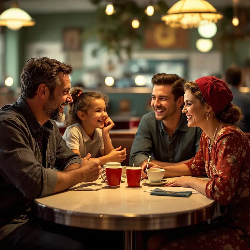 A family having fun at a 1950s diner table