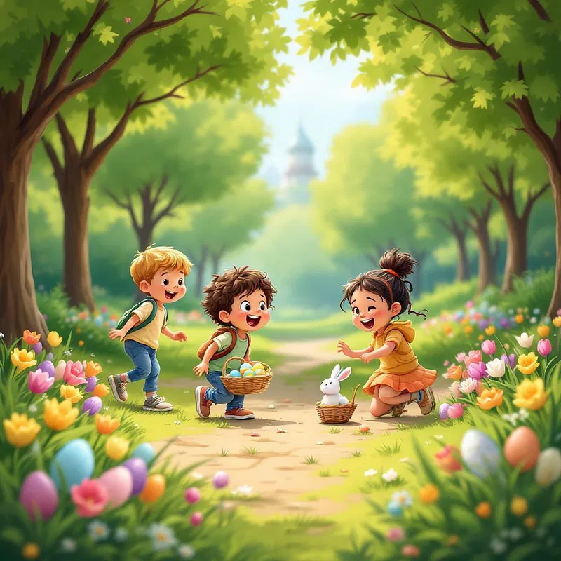 Playful Easter scene with children hunting eggs