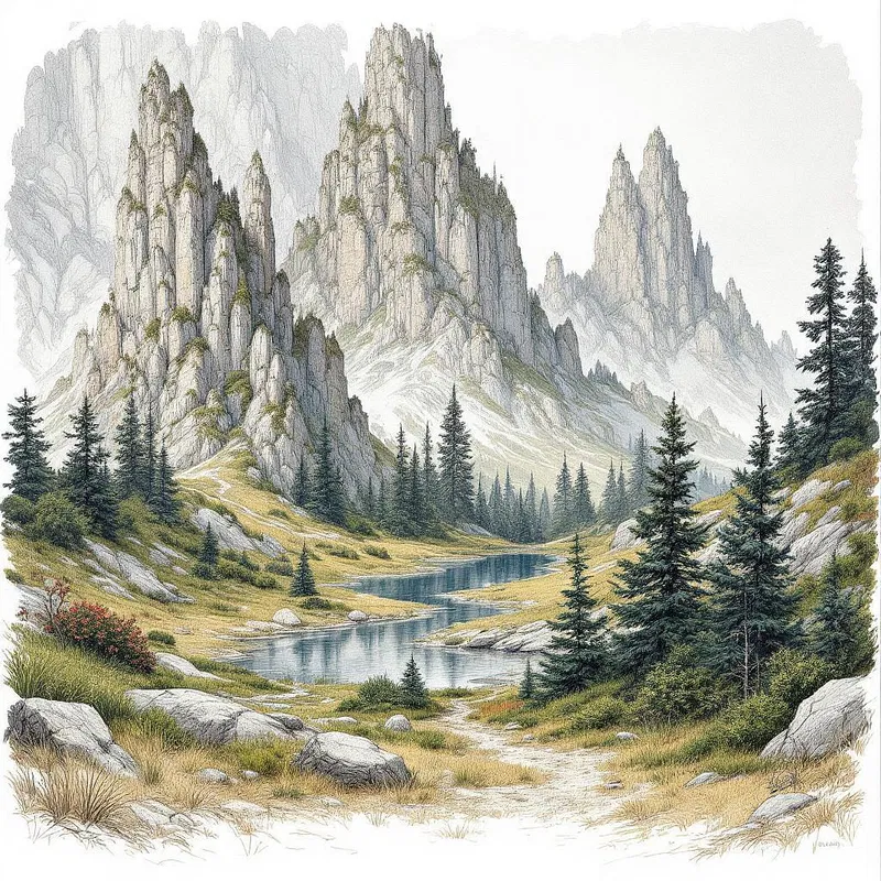 AI-enhanced intricate fantasy landscape drawing.