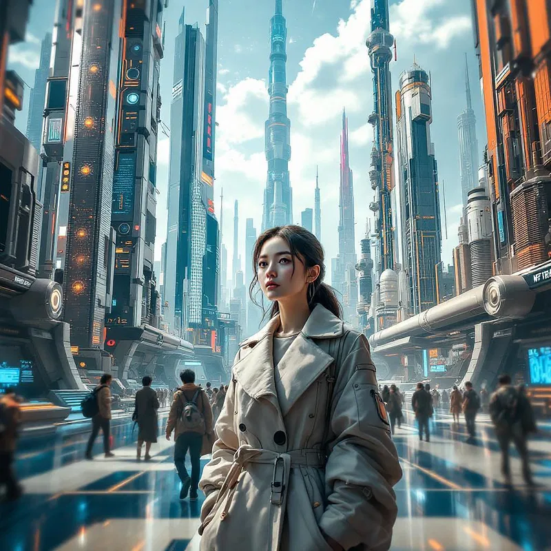 Asian woman in a futuristic cityscape