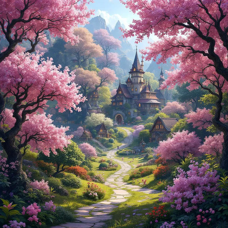 Fantasy elf village surrounded by blossom-covered trees.