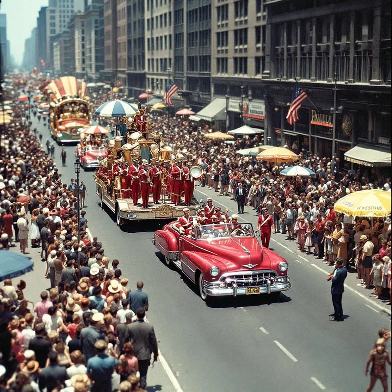 AI retro-inspired city parade photograph