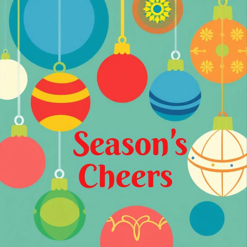 Bold Christmas card with colorful baubles and 'Season's Cheers'.