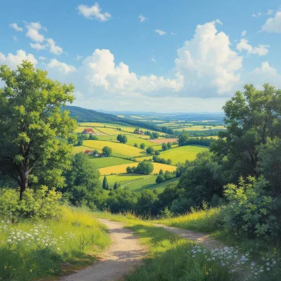 AI-generated oil painting of a serene countryside landscape