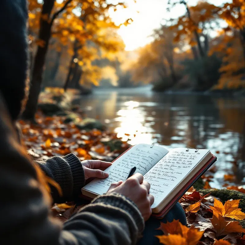 Digital nomad writing in a serene riverside park