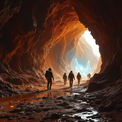 Explorers discovering Martian cave