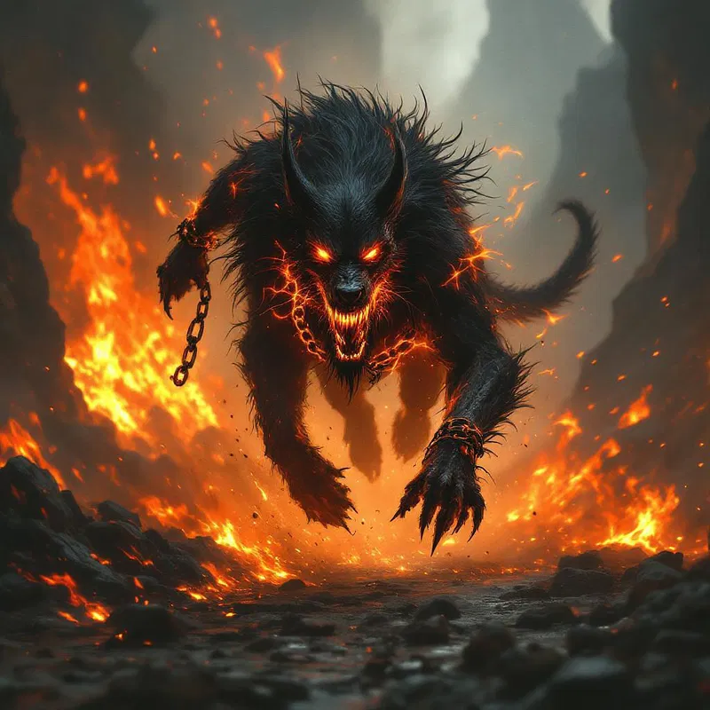 a hellhound with glowing chains