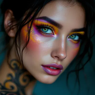 Hyperrealistic portrait of a young woman with vibrant makeup.