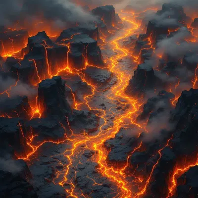 Volcanic landscape with lava rivers