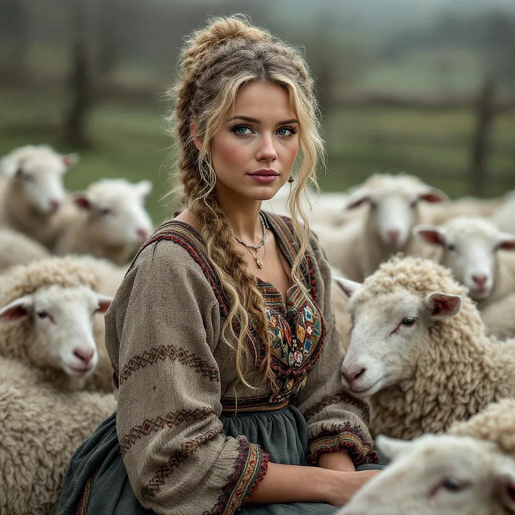 Traditional Scandinavian woman with livestock