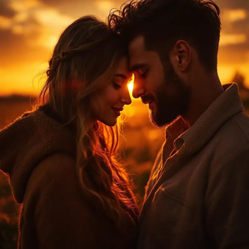 Man and woman sharing a romantic gaze at sunset