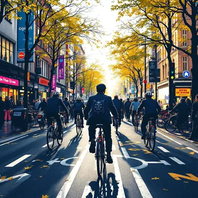 Urban street style scene of cyclists riding through a busy city street