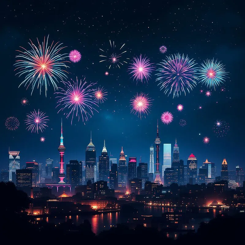 Nighttime city skyline with fireworks.