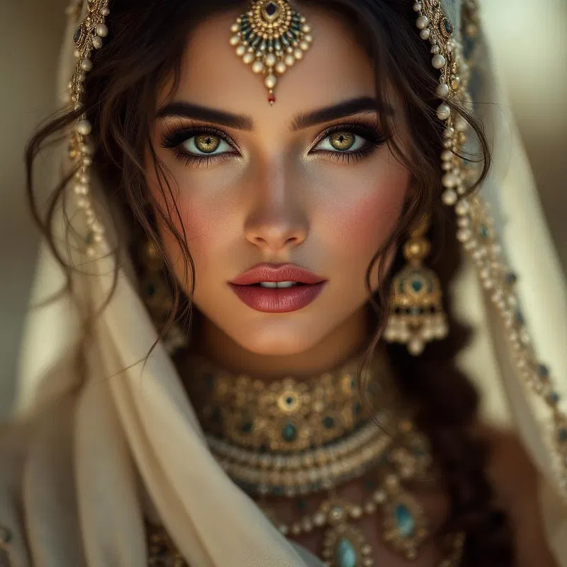 Portrait of Middle Eastern woman with traditional jewelry