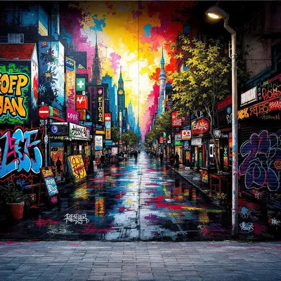 AI generated street art of a colorful urban scene