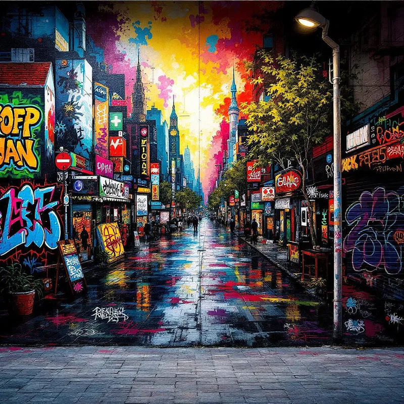 AI generated street art of a colorful urban scene