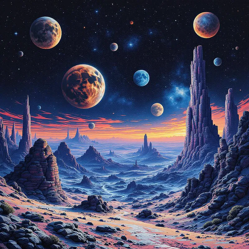 An alien landscape with multiple moons