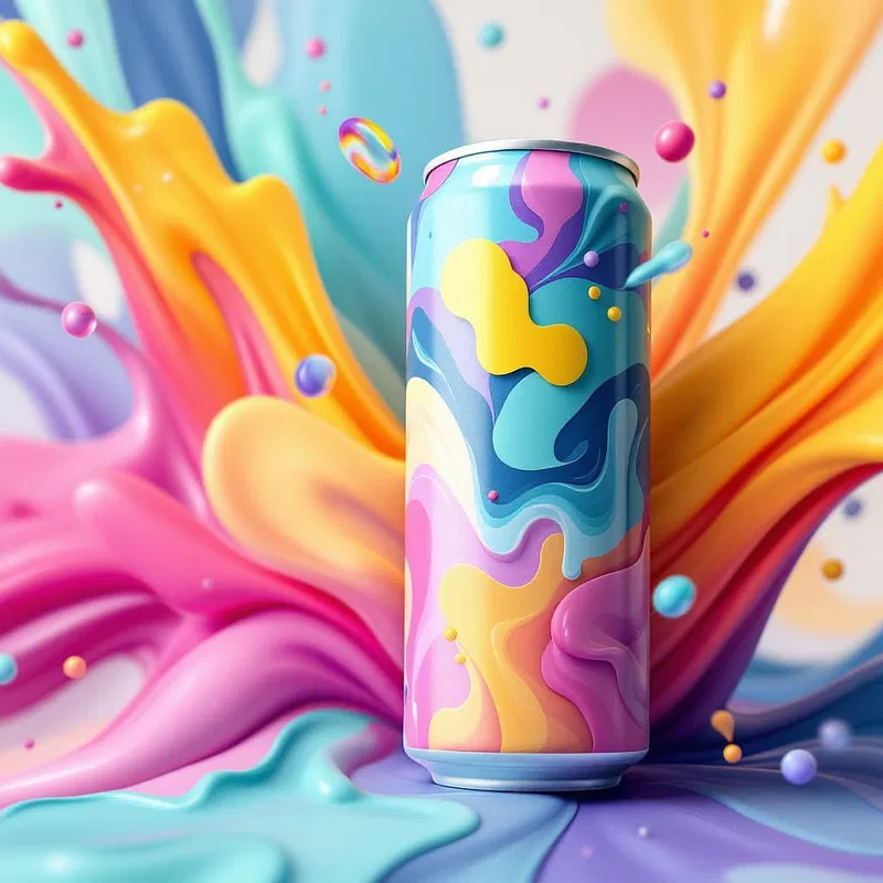 Vibrant drink can mockup with abstract graphics