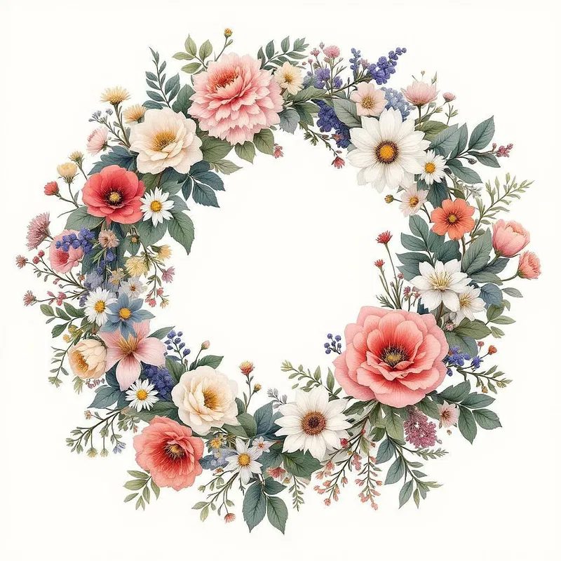 Botanical art featuring a lush floral wreath