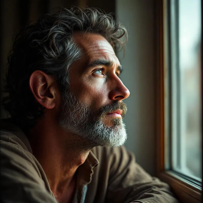 AI hyperrealistic image of a man standing by a window, deep in thought.